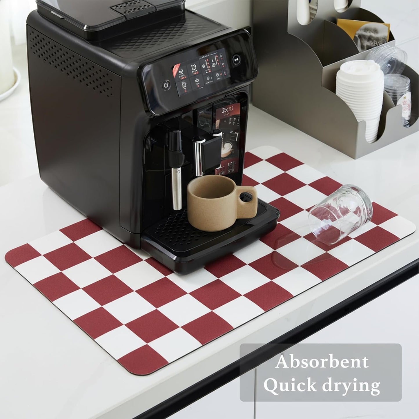 Red Checkered Dish Drying Mat for Kitchen Counter, Coffee Bar Station Accessories, Retro Cute Aesthetic Modern Absorbent Drainer Mat Kitchen Drying Mat Easy Clean 19" x 12"