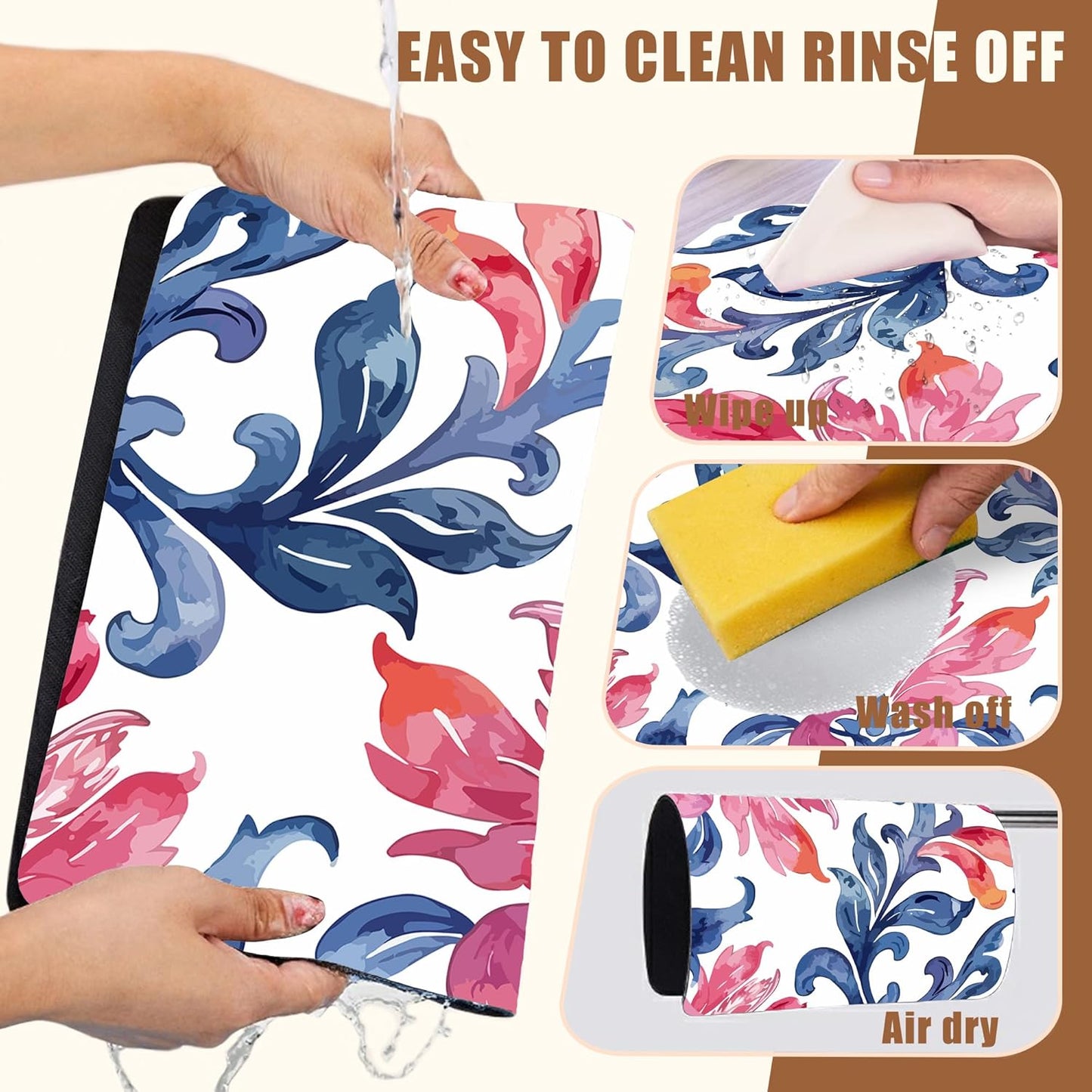 Blue and Pink Damask Coffee Mat Absorbent Dish Drying Mat for Kitchen Counter Hide Stain Coffee Bar Accessories with Rubber Backed Fit Under Espresso Machine, 11.8 x 19.7 Inch