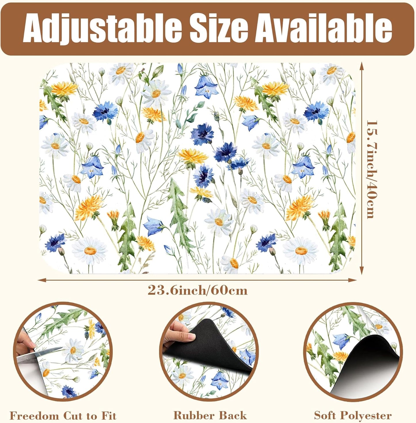 Watercolor Wildflower Dish Drying Mat for Kitchen Counter Coffee Mat Hide Stain Absorbent Rubber Backed Drying Rack Pad Espresso Machine Coffee Bar Accessories 15.7 x 23.6 Inch