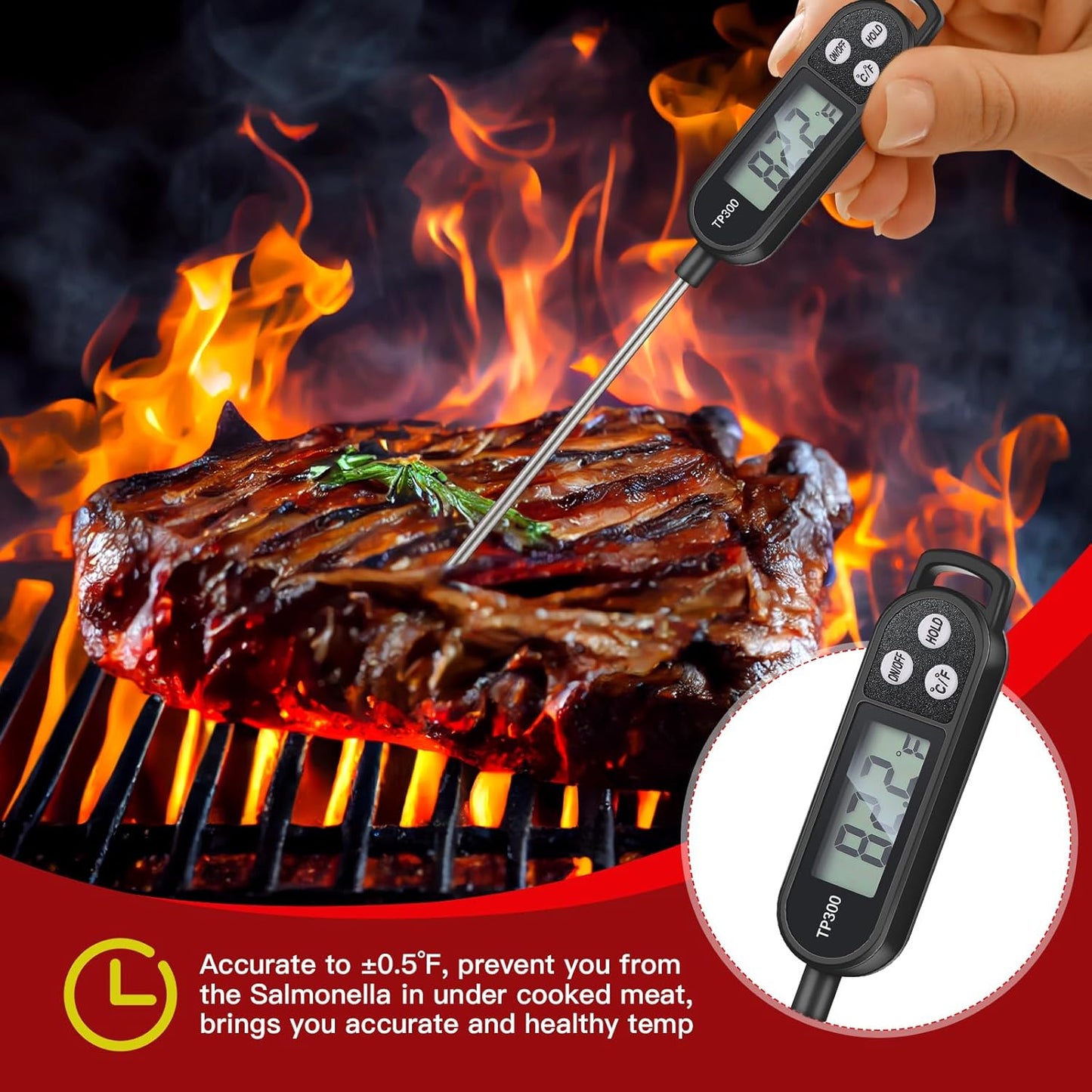 6 Pcs Meat Food Thermometer Food with Probe Water Liquid Instant Read Digital Thermometer Kitchen Cooking Supplies for Cooking BBQ Milk Yogurt (Red,Black)