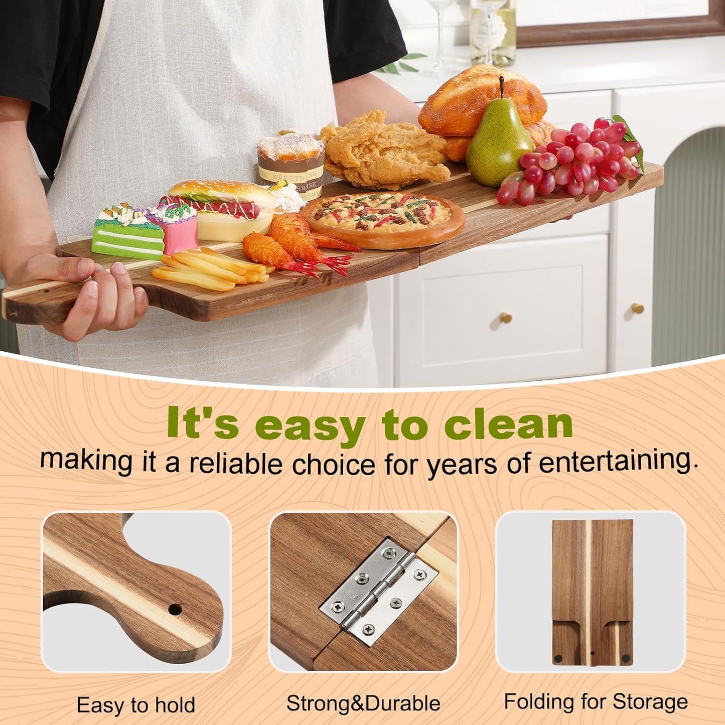 Large Acacia Charcuterie Board Wood Charcuterie Boards with Handles Foldable Travel Wooden Serving Cheese Boards for Party Food Appetizers Housewarming Gift Meat Party (23.6 x 8.7inch)