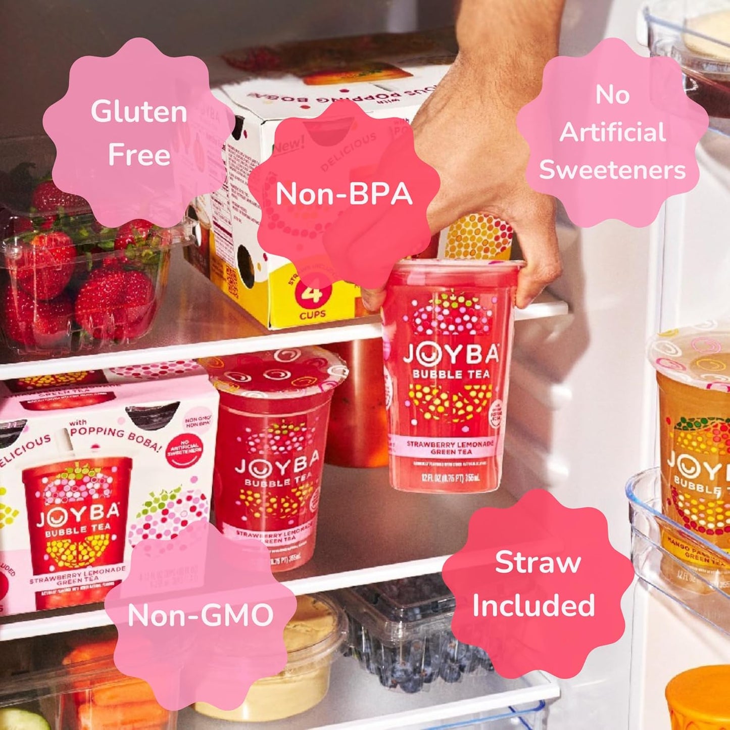 Joyba Bubble Tea Strawberry Lemonade Green Tea, 4 Pack, 12 fl. oz. Cups