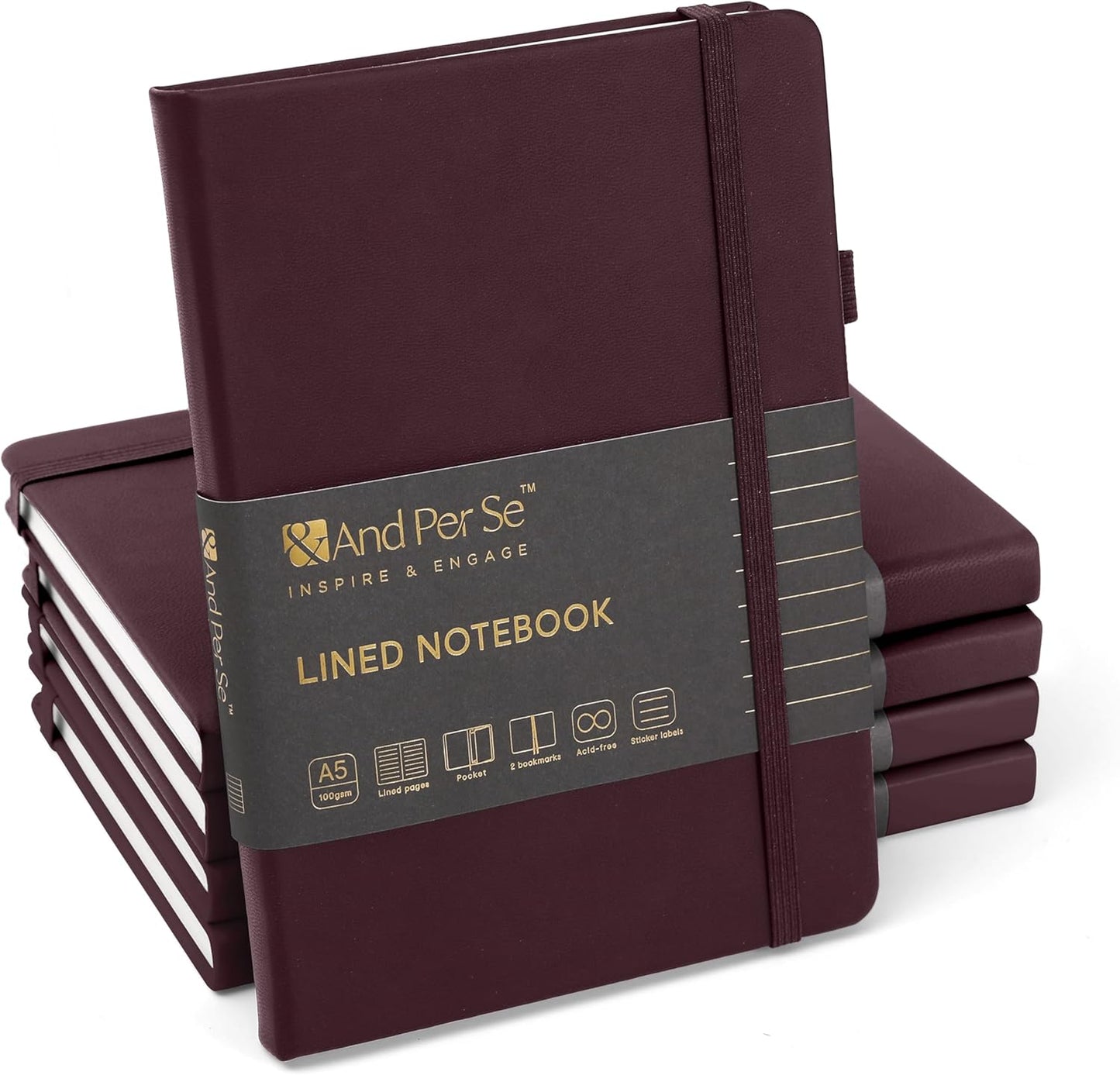 &And Per Se Lined Journal Notebook (5 Packs), 160 Pages, A5 5.7 x 8 inches College Ruled Thick Paper Notebook Journals for Writing, Hardcover Notebooks for Women Men Office School (Dark Red)