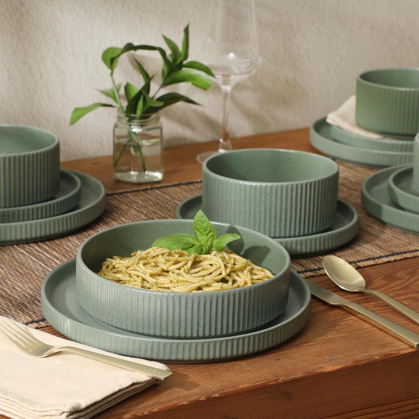 Gibson Elite Deerfield 16-Piece Stoneware Dinnerware Set – Matte Green Stackable Plates and Bowls, Reactive Glaze Finish, Service for 4 – Microwave & Dishwasher Safe