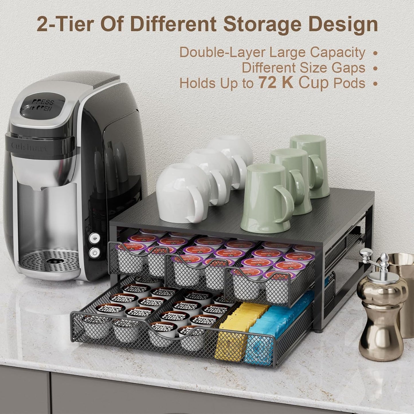 Coffee Pod Holder For Counter, 3 Pull-Out 72 K-Cup Holder Drawer, Wooden Cafe Pods Storage Organizer with Sliding Drawers for Coffee Station, Home, Kitchen, Office, Dorm, Black