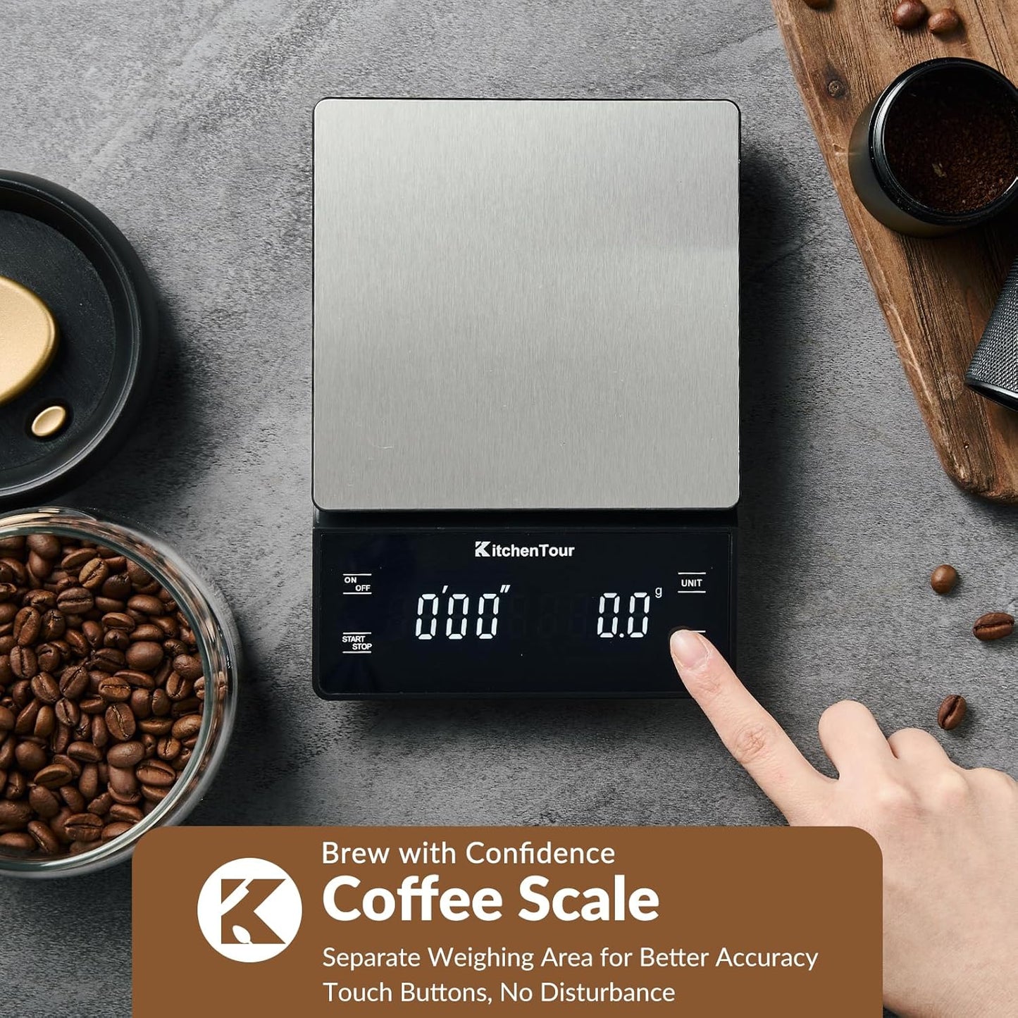 KitchenTour Coffee Scale with Timer 3kg/0.1g - High Precision Pour Over Drip Espresso Scale with Back-Lit LCD Display - Stain Steel Platform(Batteries Included)