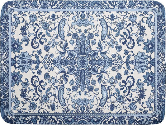 Chinoiserie Floral Dish Drying Mat for Kitchen Counter Blue and White Flowers Pattern Dish Drying Pad 18”x24”Absorbent Reversible Seasonal Decor Dishes Drainer Pad Dish Dry Rack Mat for Counter top