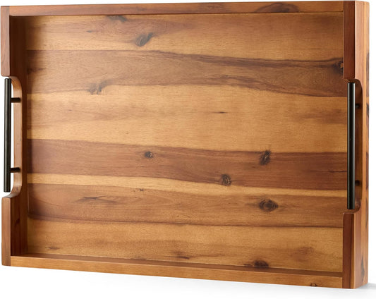 20 Inch Acacia Wood Ottoman Tray with Metal Handle - Wooden Square Serving Tray - Extra Large Food Trays for Decorative, Coffee Table, Breakfast in Bed - Charcuterie Trays Use for Kitchen
