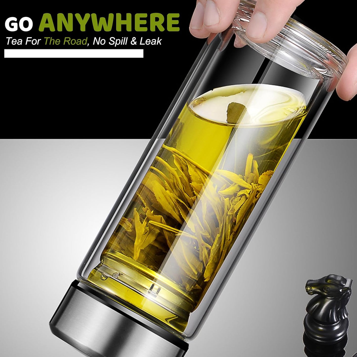 Tea Tumbler with Infuser, 34oz Tea Bottle with 2 in1 Infuser, Large Double Wall Borosilicate Glass Tea Bottle 100% Leak-Proof with Stainless Steel Filter