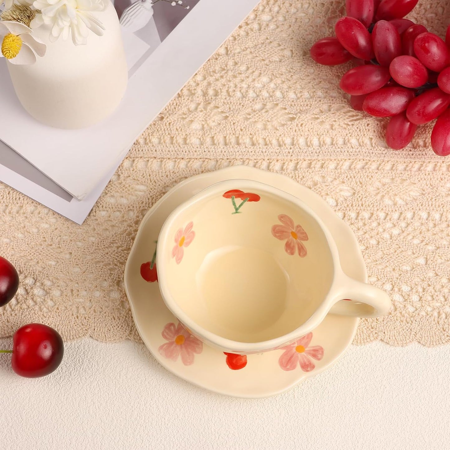 Cappuccino Cups with Saucers 8 oz Latte Art Cup Ceramics Coffee Mugs Irregular Aesthetic Flower Cups for Espresso, Double Shot, Americano, Latte, Tea - Microwave and Dishwasher Safe (Pink Cherry)
