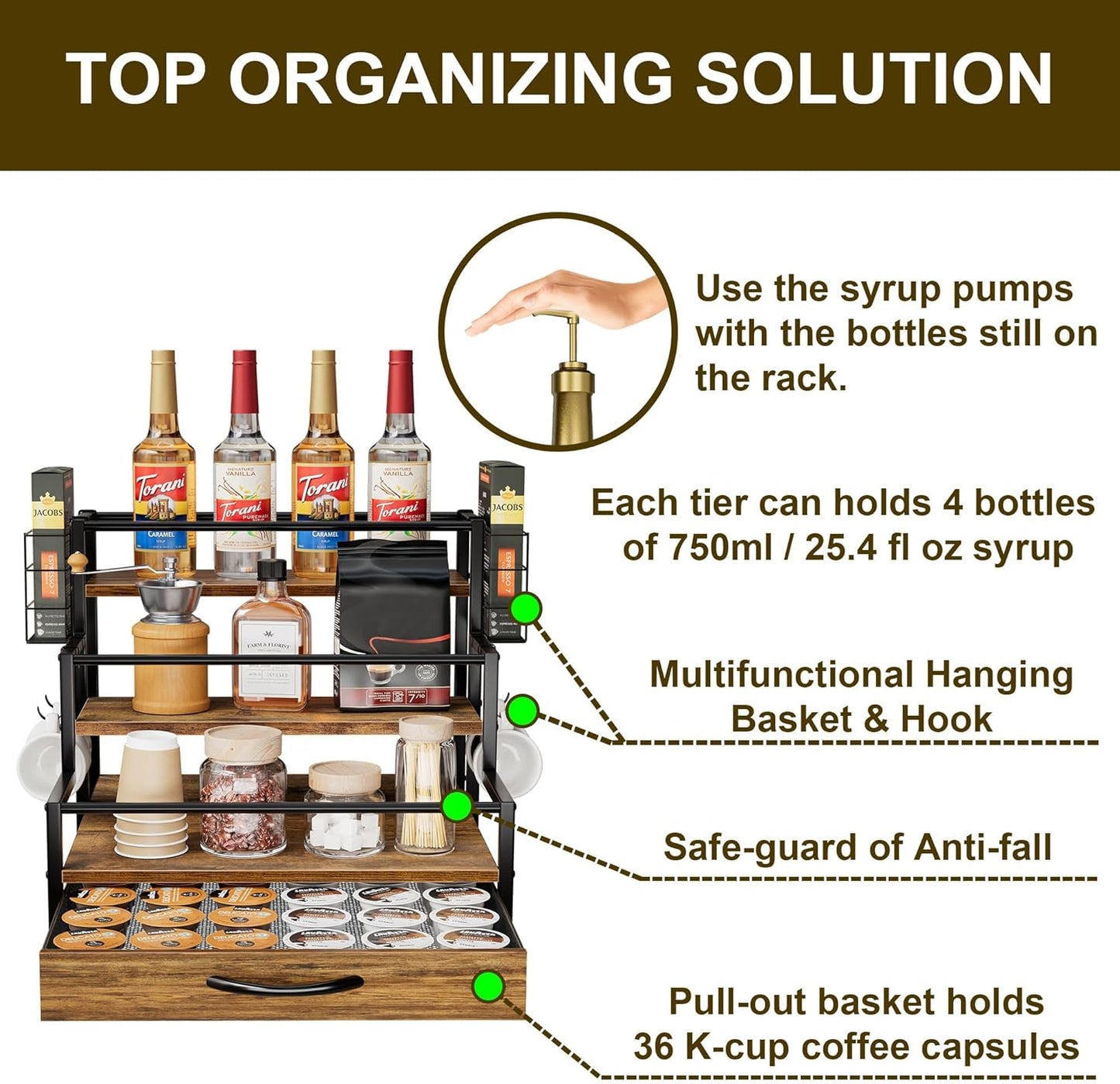 Coffee Syrup Organizer Rack, 4-Tier Syrup Bottle Holder Stand with 36 K Cup Pod Drawer Storage for Coffee Bar, 12 Bottles Storage Shelves for Syrup, Wine, Dressing for Kitchen Coffee Station