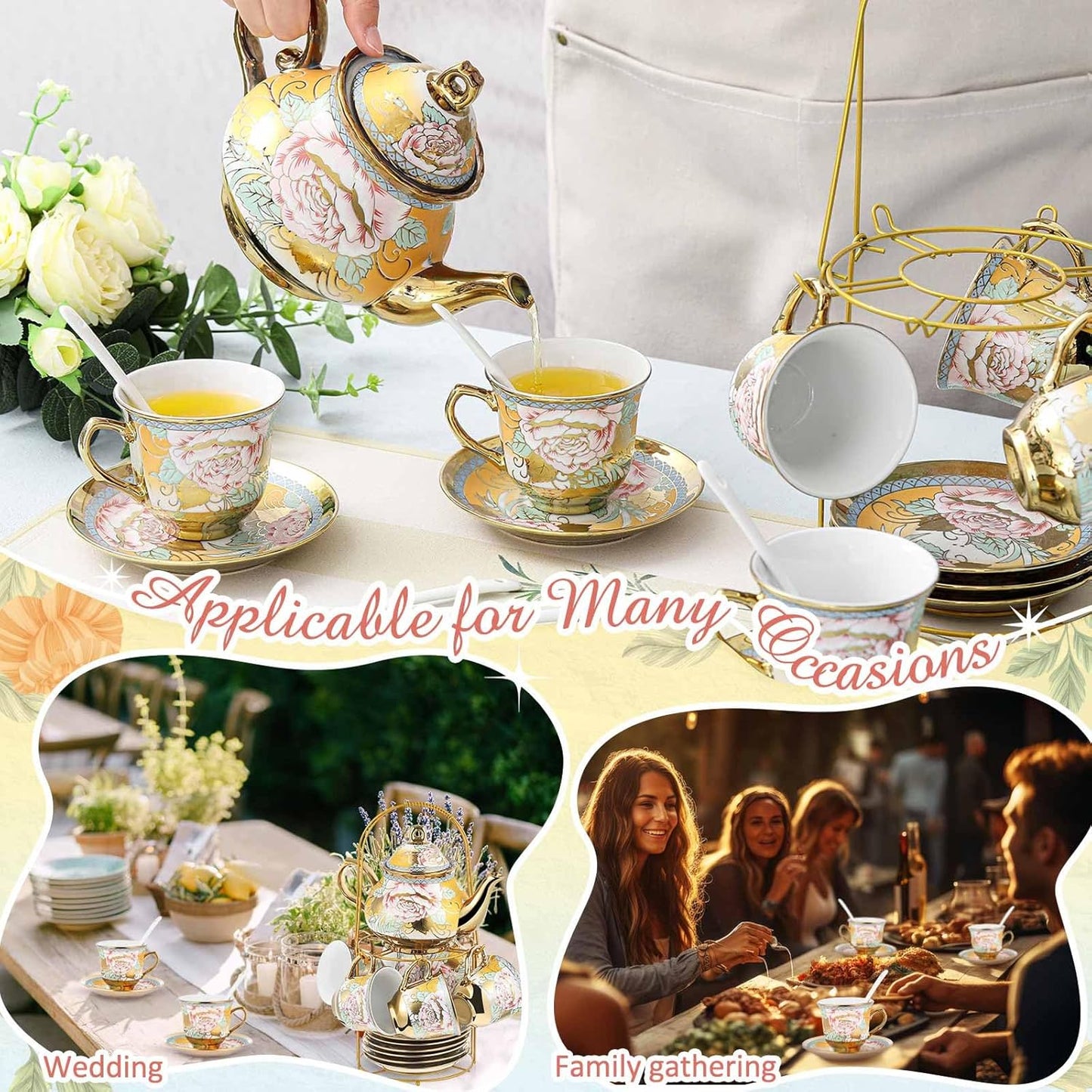 Zhehao 20 Pcs Porcelain Tea Set with Metal Holder and Spoon Adult Ceramic Tea Party Set European Flower Painting Teapot Cup Saucer Spoon Set for Women, Large Version(Classic Style)