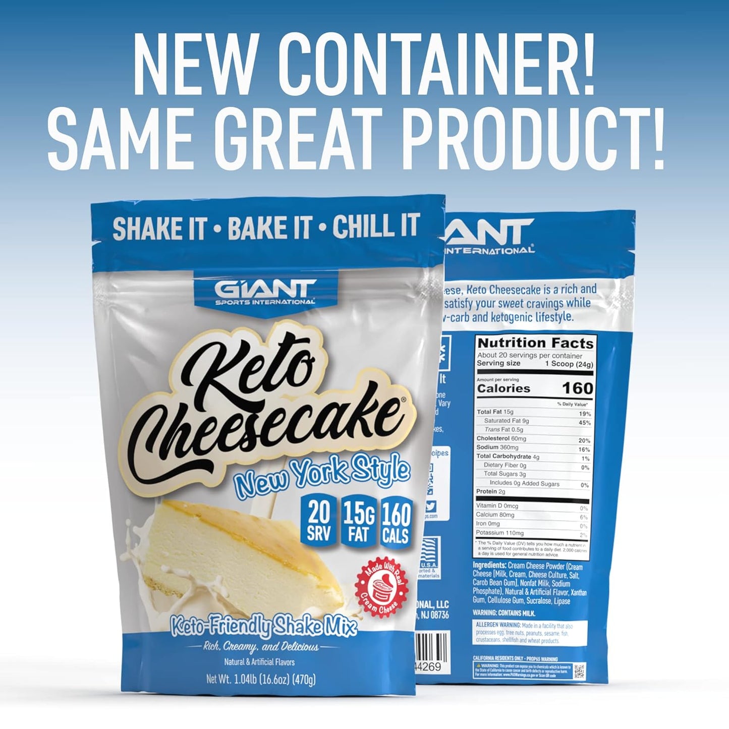 Giant Sports Keto Cheesecake Shake Mix - Delicious Low Carb, Ketogenic Diet Gluten Free Powder Mix - Meal Replacement - Works Great with Almond Milk - New York Style (20 Serving Bag)