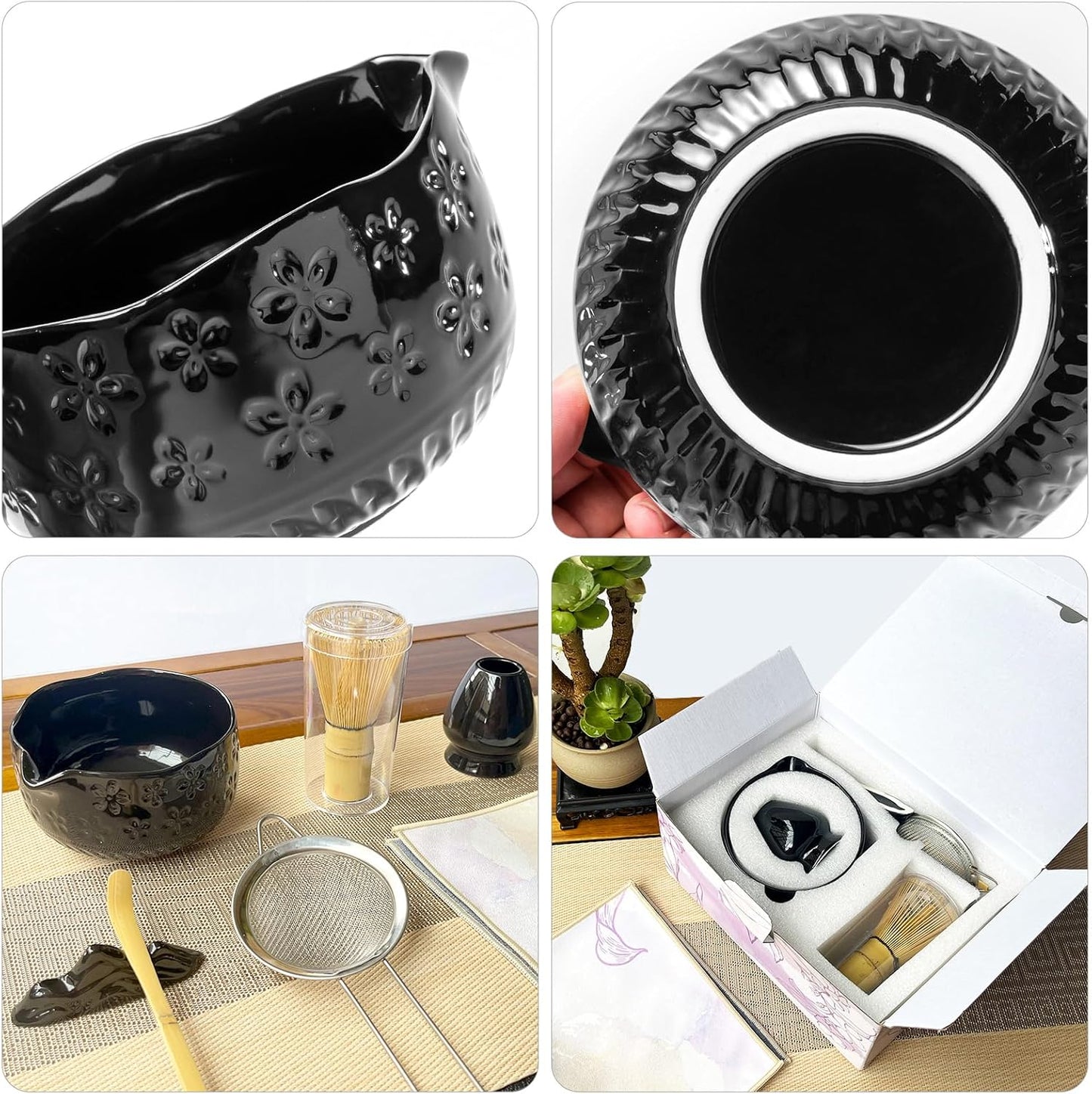 Matcha Whisk Set - Traditional Japanese Handmade Bamboo Matcha Whisk and Holder, Matcha Bowl,Bamboo Scoop, Scoop Rest, Sifter and Tea Towel (Black)