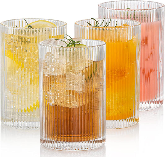 Vintage Ribbed Glassware Set: 4pcs 16.9oz XL Drinking Glasses, Fluted Ripple Drinkware, Origami Style, Elegant Glassware for Whiskey, Cocktail, Iced Coffee, Juice, Beer, Soda