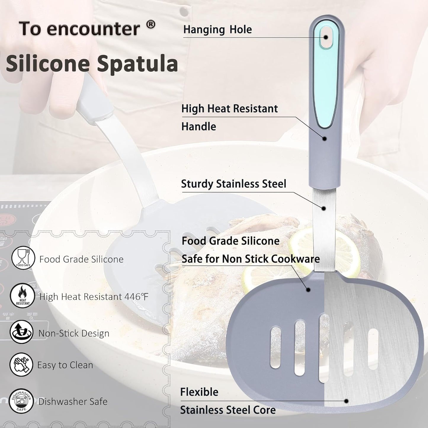 To encounter 2 Pieces Silicone Spatula set, Non-Stick Turner Spatulas, Heat Resistant Silicone Cooking Flipper for Eggs, Fish, Pancakes, Light Grey