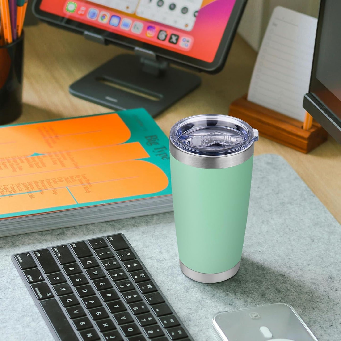 20 oz Tumbler Stainless Steel Tumblers Bulk with Lid Double Wall Insulated Coffee Tumbler Cups for Hot & Cold Drinks Powder Coated Travel Coffee Tumbler Mug Metal (Jade, 1 pack)