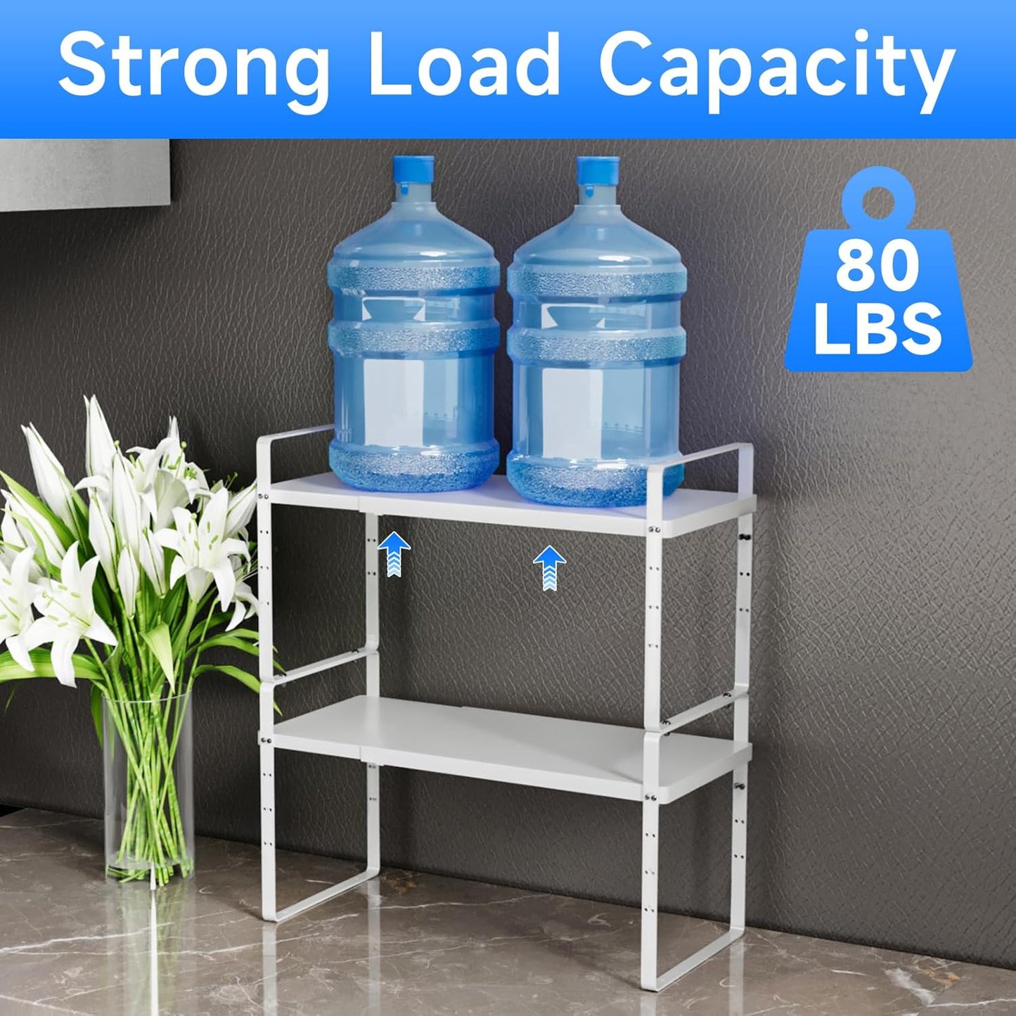 Expandable Cabinet Shelf Organizer, Stackable Kitchen Pantry Counter Storage, Adjustable Closet Cupboard Stand Rack Risers Spice Organization 80LBS Heavy Duty White Small 2 Pack