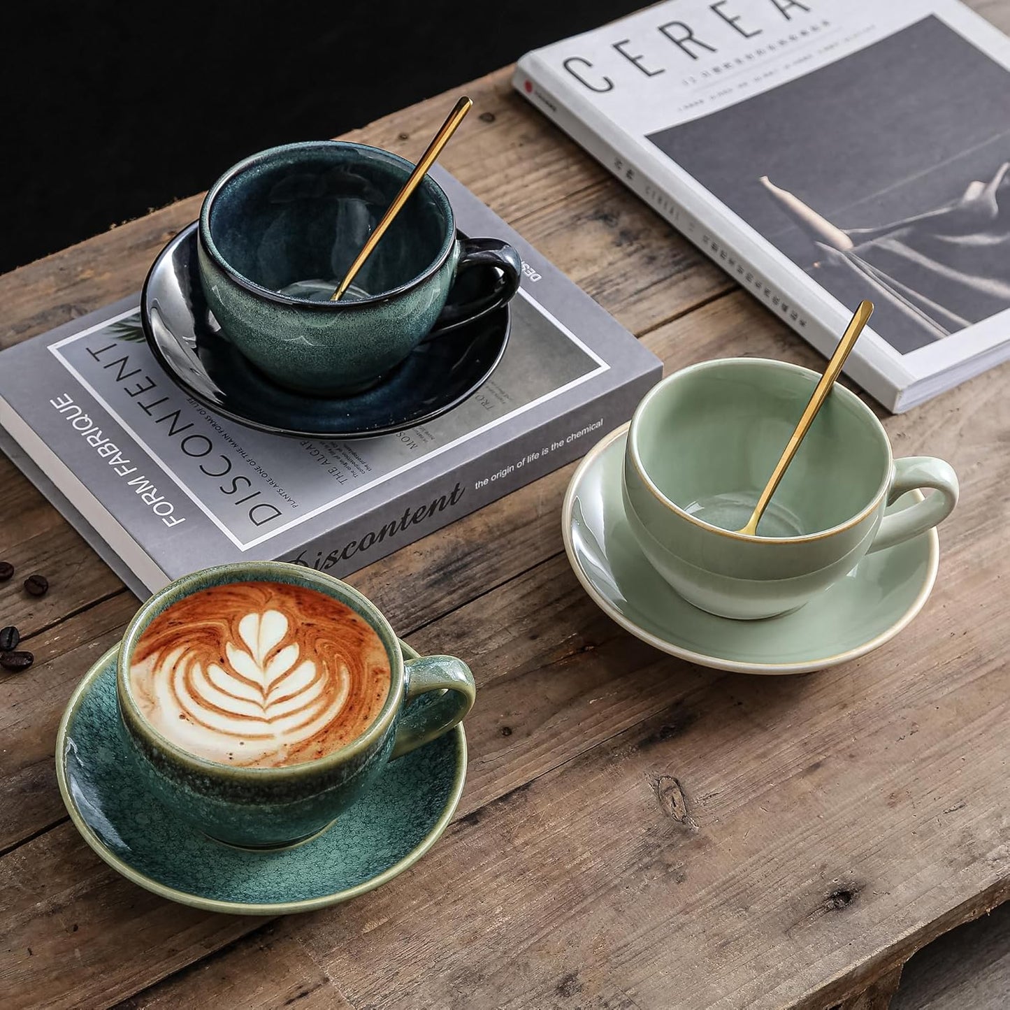 Porcelain Coffee Cup with Saucer Spoon, Vintage Design Ceramic Latte Art Cappuccino Barista Espresso Tea Cup with Saucer (11.6 oz, 350ml, Mist Green)