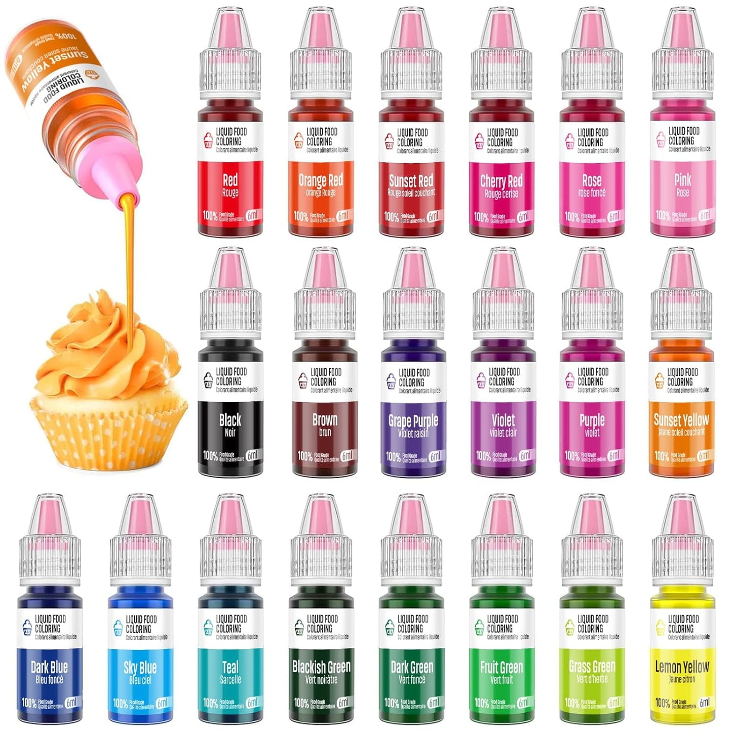 Food Coloring Liquid Set - Jelife 20 Colors Liquid Easter Eggs Dye Kit Edible Cake Decorating Color Flavorless Vibrant Food Dye for Baking Macaron Frosting Fondant Cookie(6ml/Bottles)