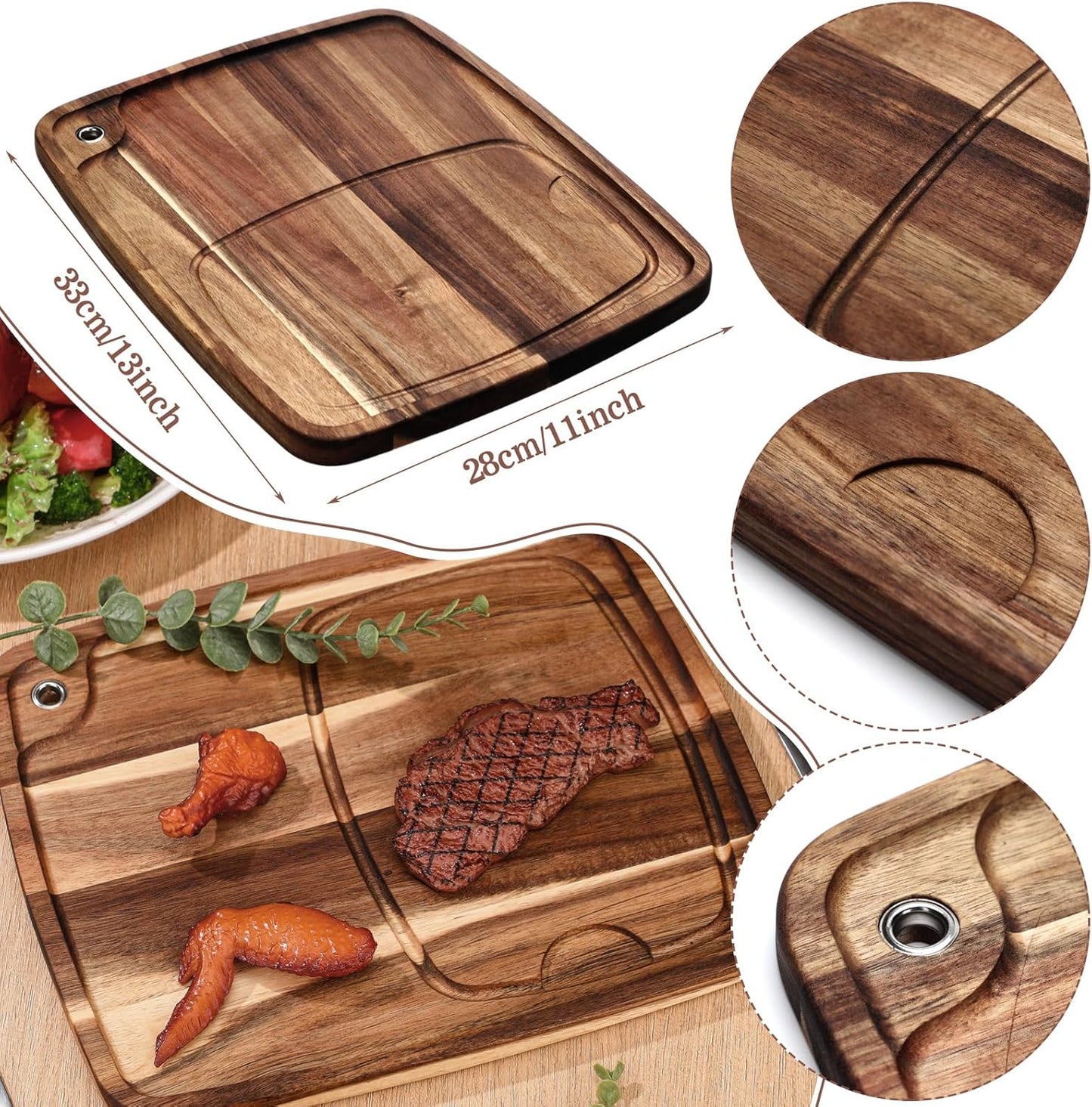 Uiifan 4 Pcs Steak Plates with Juice Channel Wooden Steak Board Set Acacia Cutting Serving Board for Home Serving Eating Meat Dishes Snack Dessert, 13 x 11 x 0.6 Inch