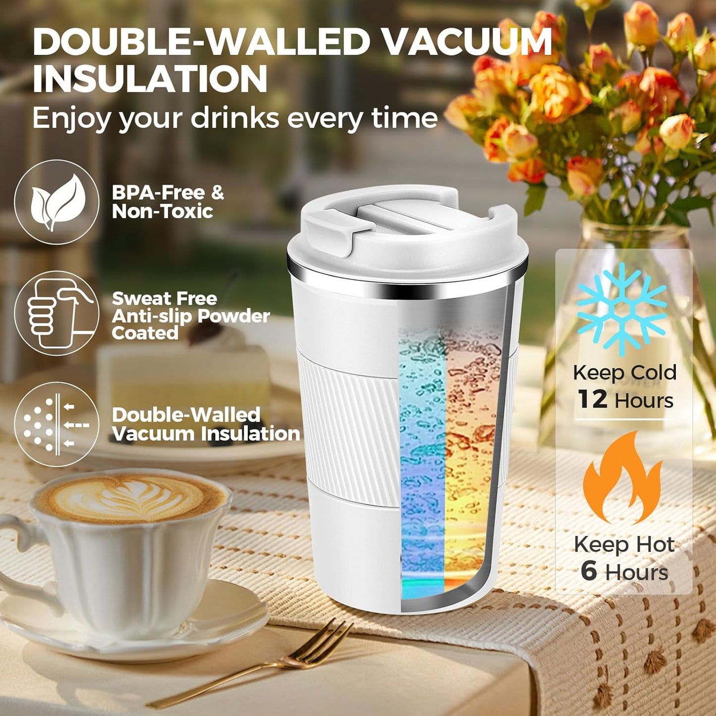 Volhoply 13 oz Stainless Steel Insulated Travel Coffee Mug with Fip Lid Bulk 4 Pack,Reusable Double Wall Vacuum Metal Coffee Cup,Portable Leak Proof Thermal Tumbler for Hot & Cold Drinks(White,4)