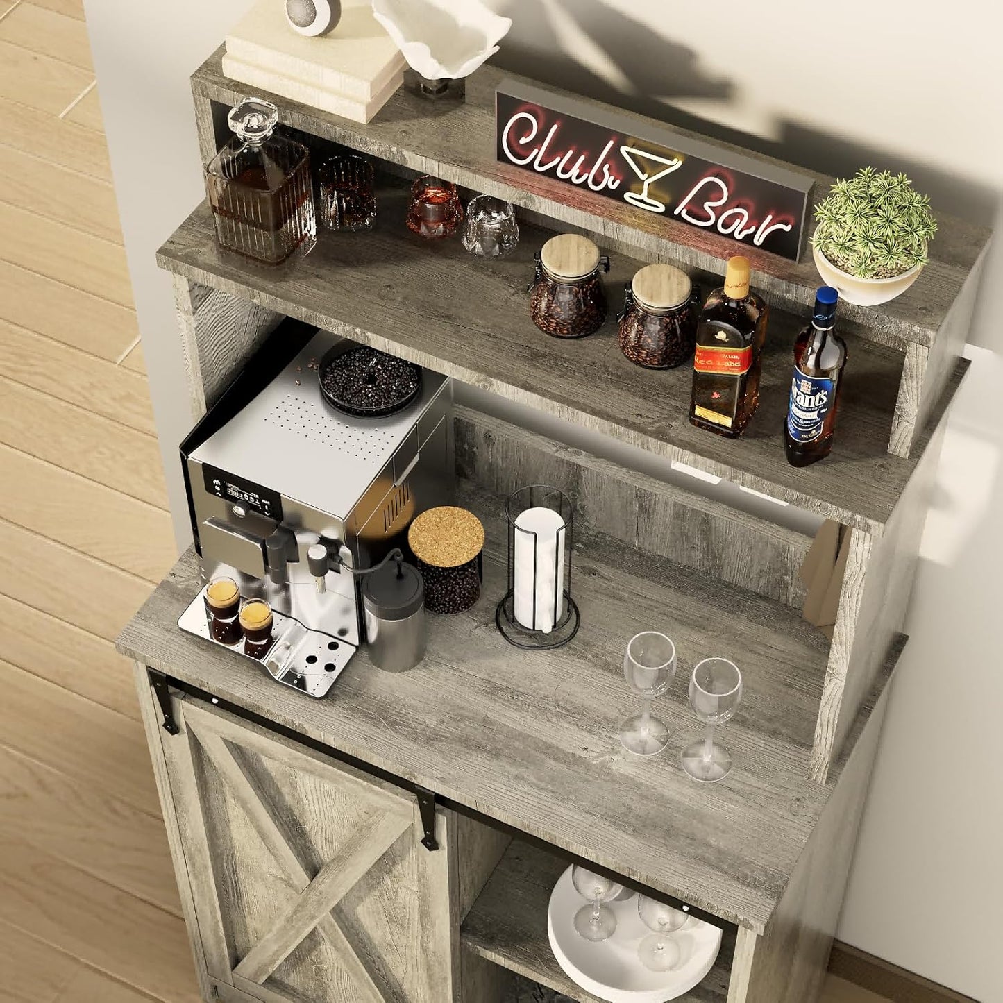 Farmhouse Coffee Bar with 3 Tier Storage Hutch, 56 Inch Small Coffee Station with 6 Hooks, Corner Bar Table with Adjustable Shelves for Living Dining Room (Grey)