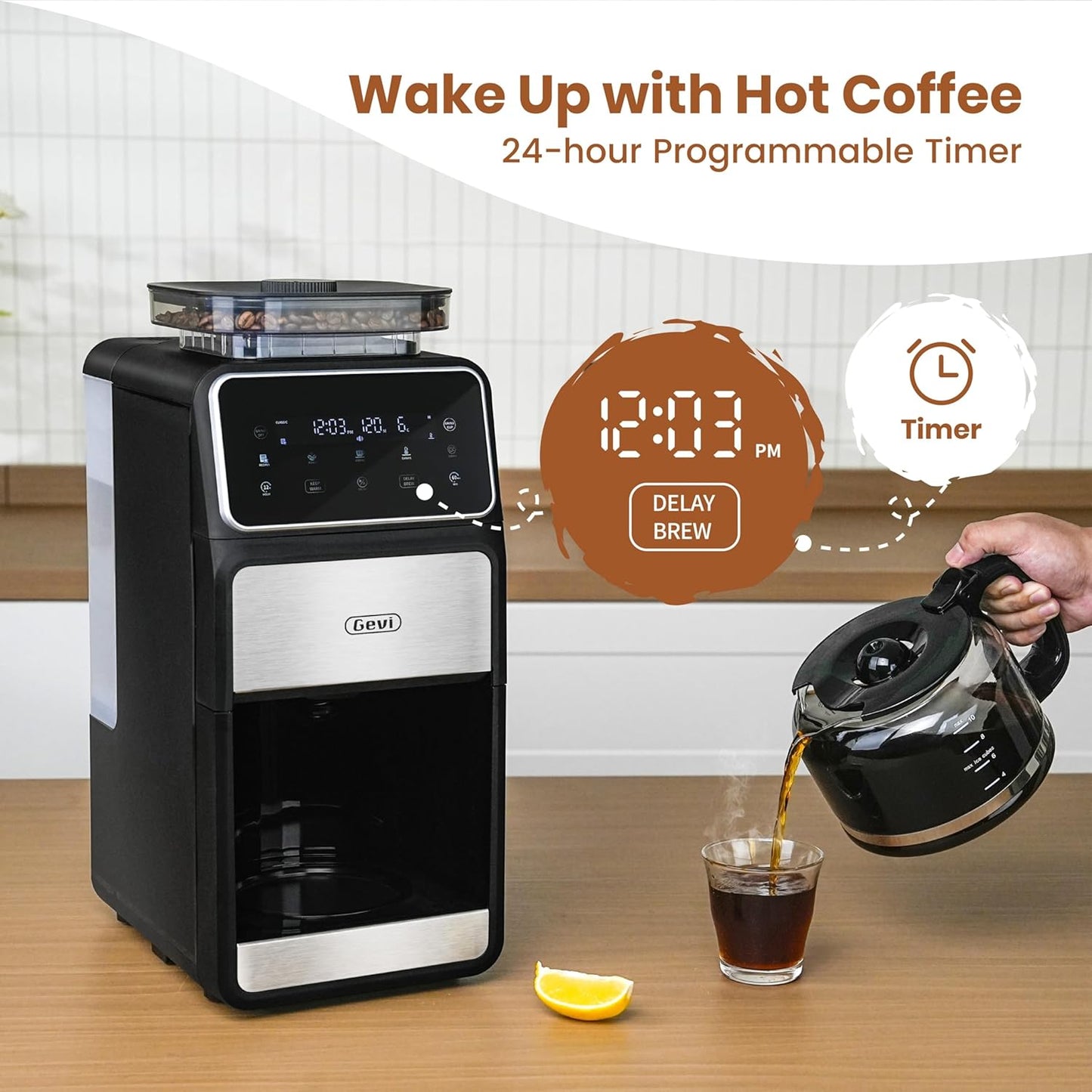 Gevi 10 Cup Drip Coffee Maker with Built-in Grinder, Grind ＆ Brew Burr Combo Coffee Machine with Touch Screen, Programmable, 4-Hour Warm Plate, Permanent Filter, Coffee Carafe