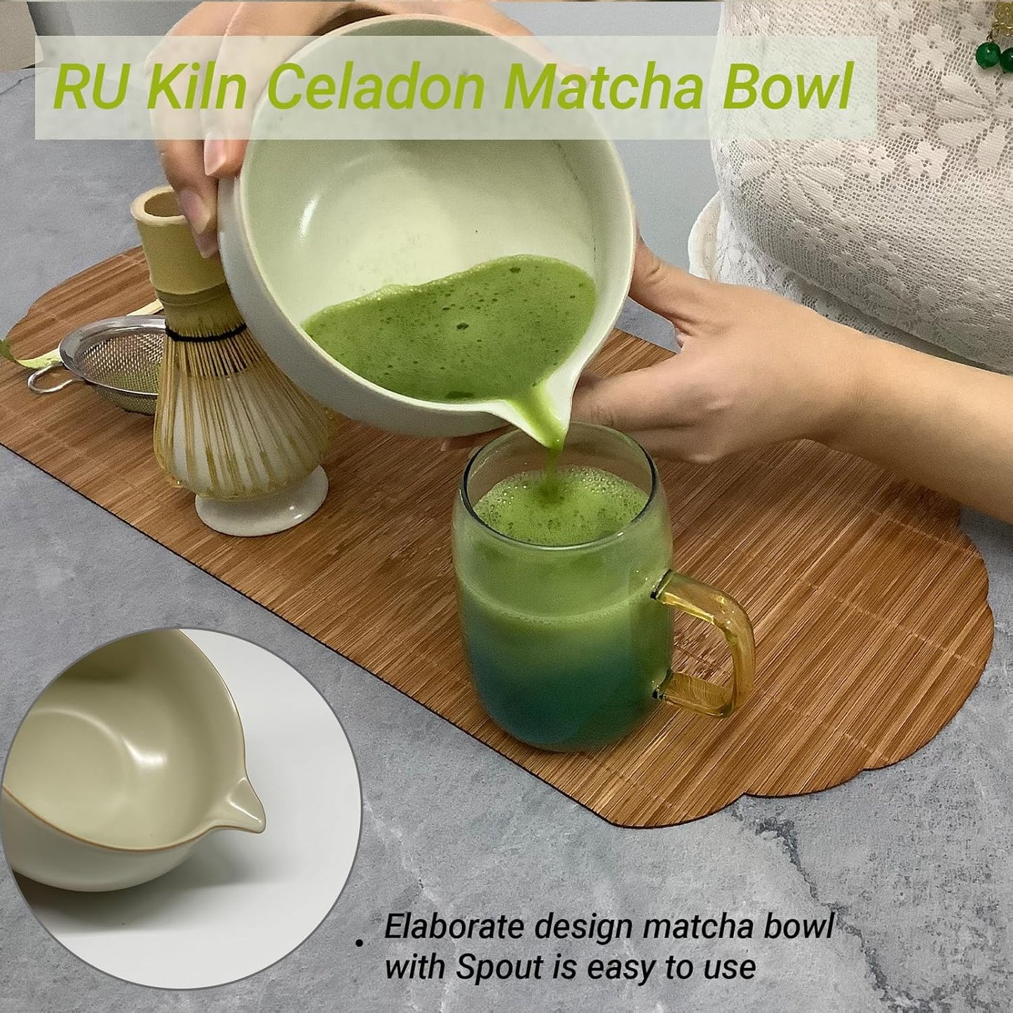 Matcha Whisk Set – 5 Pcs Matcha Set Whisk and Bowl with Spout, Bamboo Scoop, Sifter & Holder – Ru Kiln Matcha Bowl Japanese Tea Kit for Gifts, Home Use & Ceremonial Rituals (White)