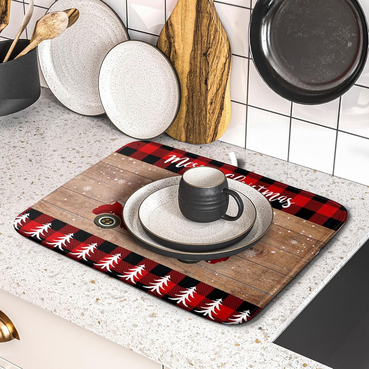 Christmas Dish Drying Mat 16 x 18 Inch with Hanging Loop High Absorbent Reversible Microfiber Red Truck Buffalo Check Plaid Dish Mat Dish Drying Pad Dish Rack Pad Drainer Mat Counter Mat