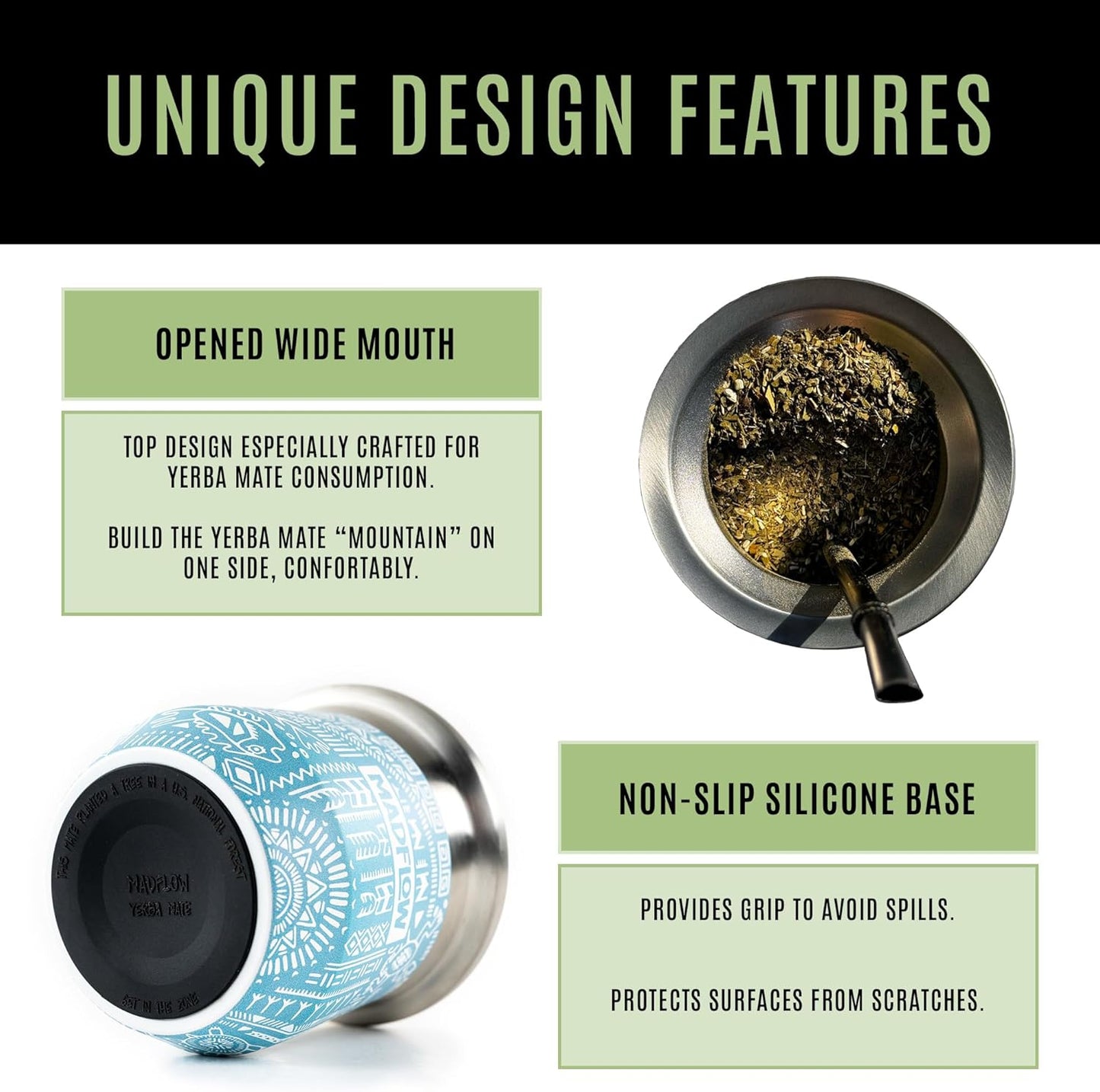 MADFLOW Yerba Mate Cup. Stainless Steel Mate Cup with 2 Bombillas. Double Wall Vacuum Insulated Yerba Mate Gourd. Unique Mate Cup And Bombilla Set