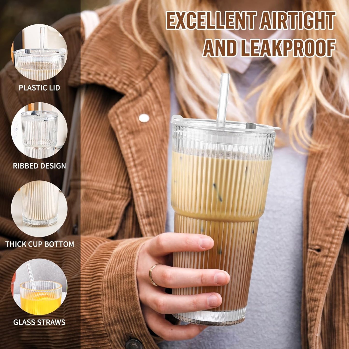 20 oz Glass Cup with Lid and Straw, Glass Tumbler with Straw and Lid, Vintage Glassware for Whiskey Cocktail Beer, Iced Coffee Cups with Lid (1 PACK)