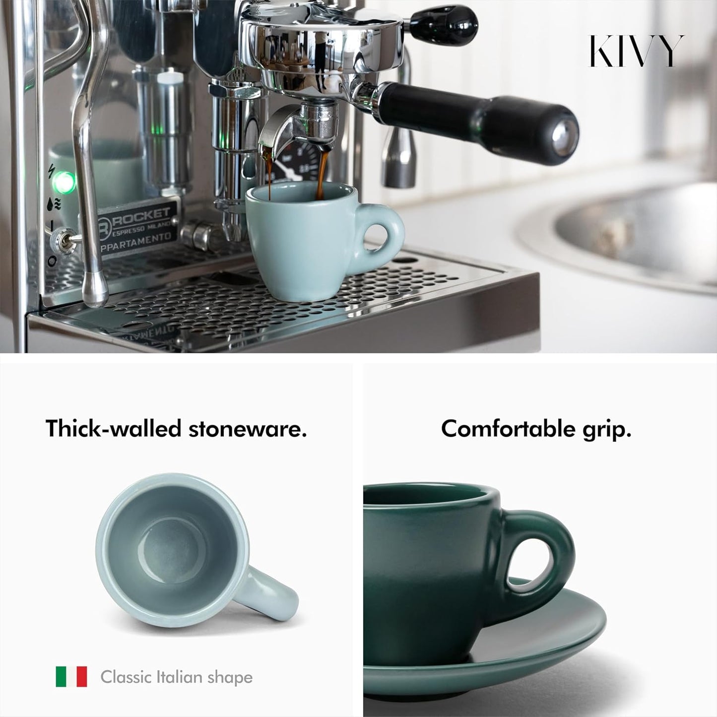 KIVY Espresso Cups Set of 4 [Set 4x 3oz]- Espresso Set Thick Walled Stoneware Espresso Cup Set - Italian Style Espresso Cups and Saucers - Coffee Mugs - Pastell Green, Blue