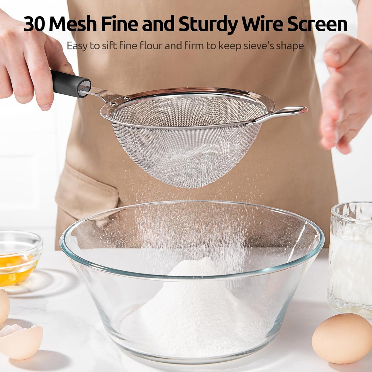 U-Taste Medium Fine Mesh Strainer: 18/8 Stainless Steel 4.73in 30 Mesh Kitchen Food Sieve with Sturdy Riveted Silicone Handle, Heavy Duty Deep Handheld Metal Colander for Rice, Quinoa, Flour (Black)