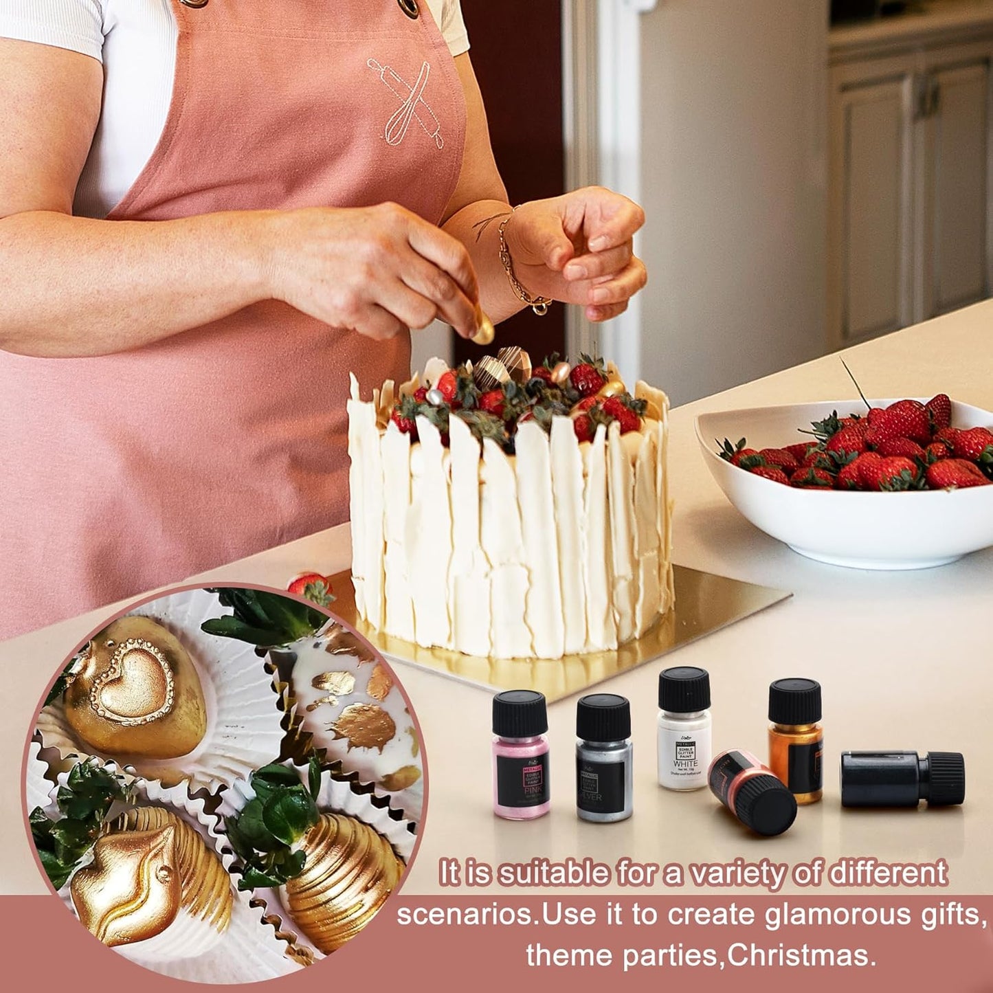 Edible Glitter Paint - 6 Colors Food Grade Metallic Glitter Cake Paint for Cake Decorating, Baking, Cupcakes, Cookies - Shimmer Art Decorative Liquid Edible Paint Food Coloring for Fondant, Donuts