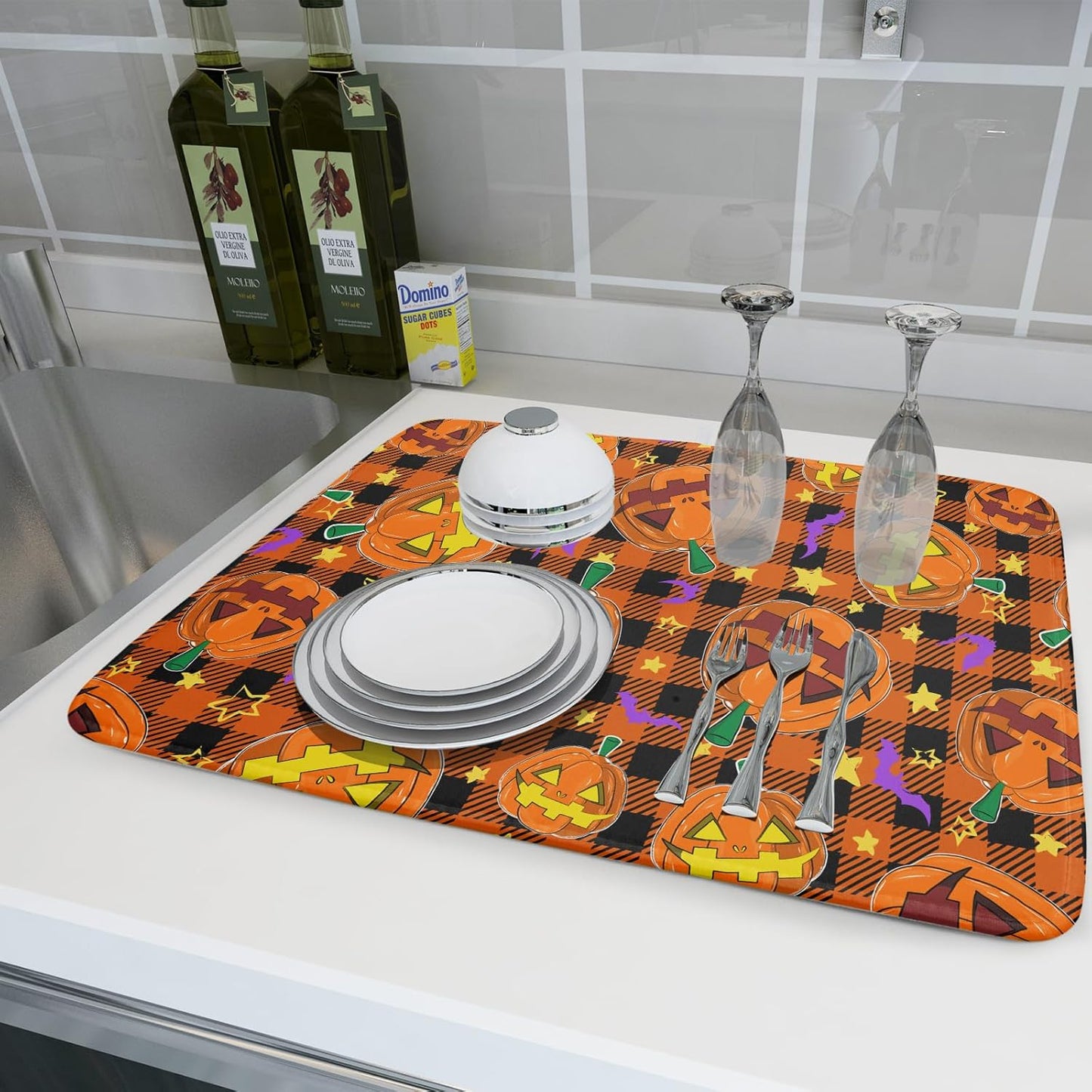 Giwawa Halloween Dish Drying Mat, 18"x24" Spooky Pumpkins Bats Orange Black Buffalo Plaids Dish Drainer Mats, Large Absorbent Fast Drying Dish Drying Pad for Kitchen Countertop Holiday Decor
