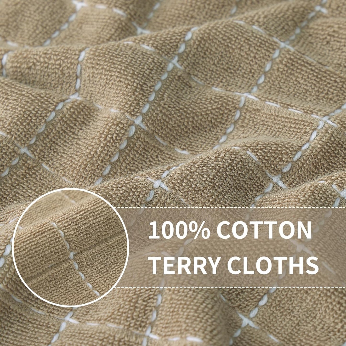 Homaxy 100% Cotton Terry Kitchen Towels(Tan, 13 x 28 inches), Checkered Designed, Soft and Super Absorbent Dish Towels, 6 Pack