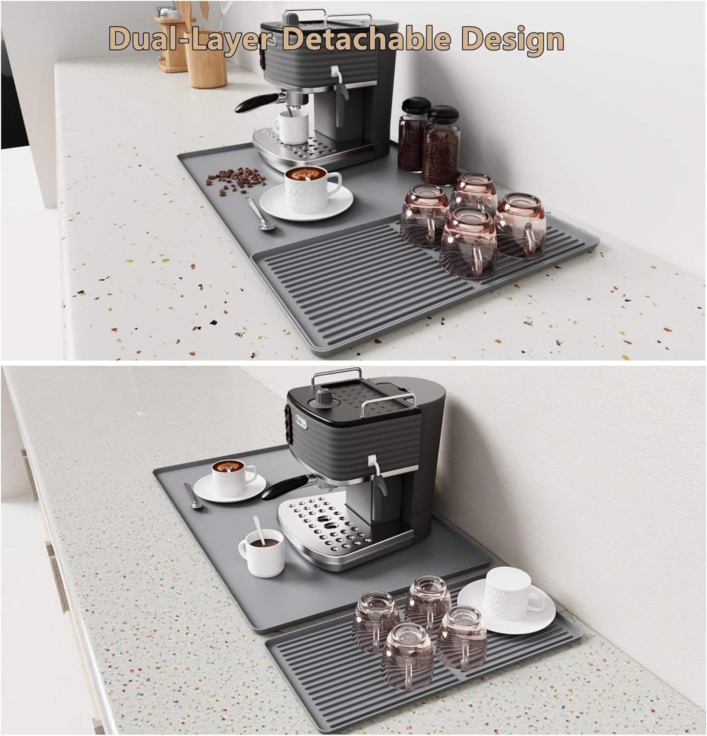 Coffee Bar Mat, Coffee Maker Mat, 24"x16" Silicone Coffee Mat, Spill-Proof, Heat-Resistant, Non-Slip, Fits Under Coffee Maker & Dish Rack (Gray, 24"x16")