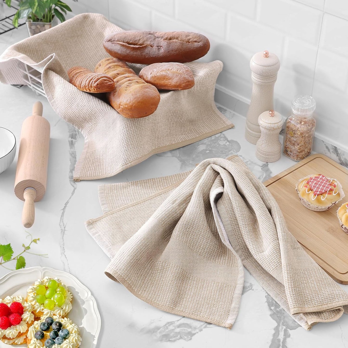 Homaxy Premium Kitchen Towels(18”x 28”, 6 Pack), Large Cotton Kitchen Hand Towels, Flat and Terry Dish Towels, 380 GSM Highly Absorbent Tea Towel Set with Hanging Loop, Multicolor