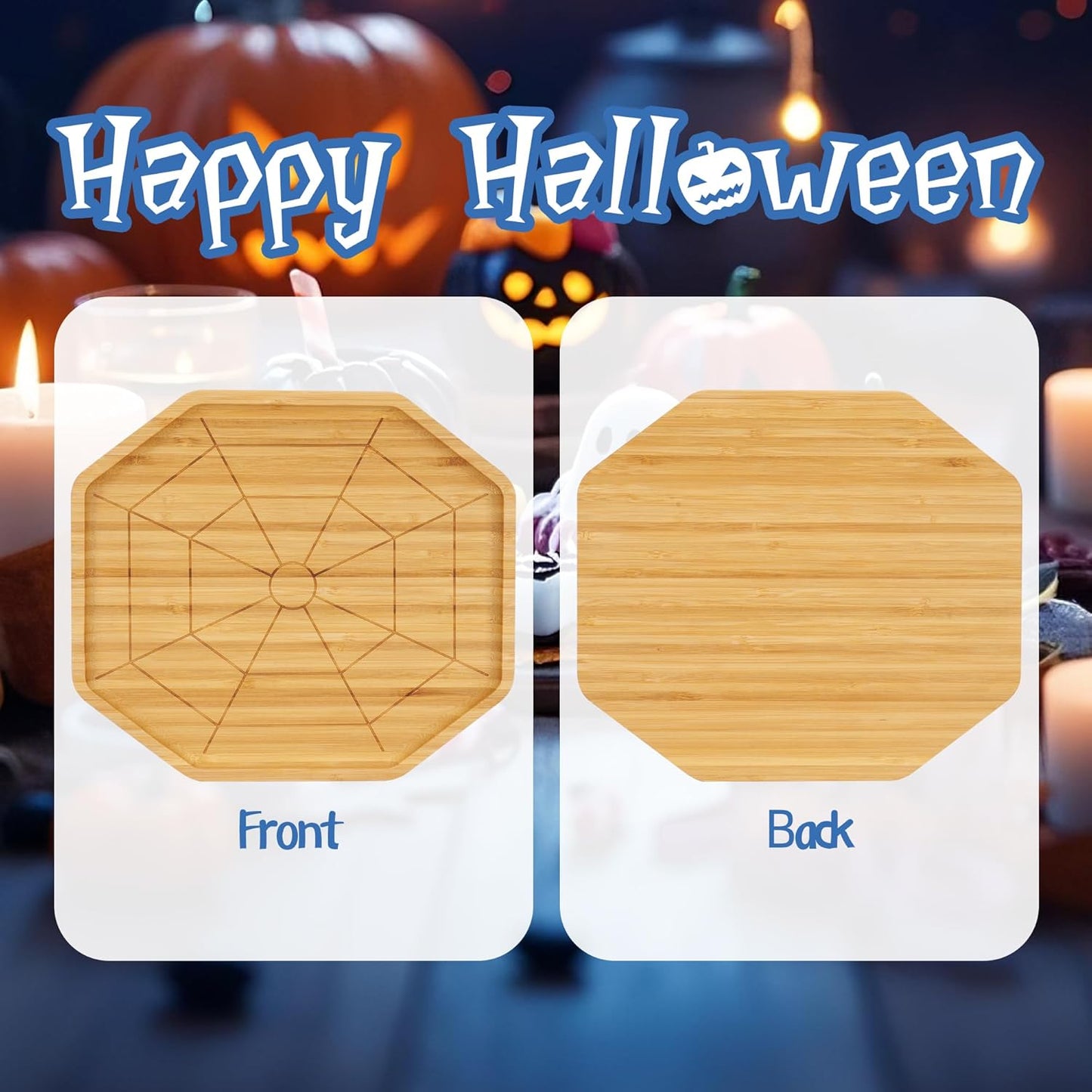 TJ POP Halloween Bamboo Serving Tray - Octagon Spider Web Design Snack Dessert Platter for Candy, Cheese, Natural Wood Appetizer Tray Charcuterie Board for Party, Home Decor & Food Display (10” x 9”)