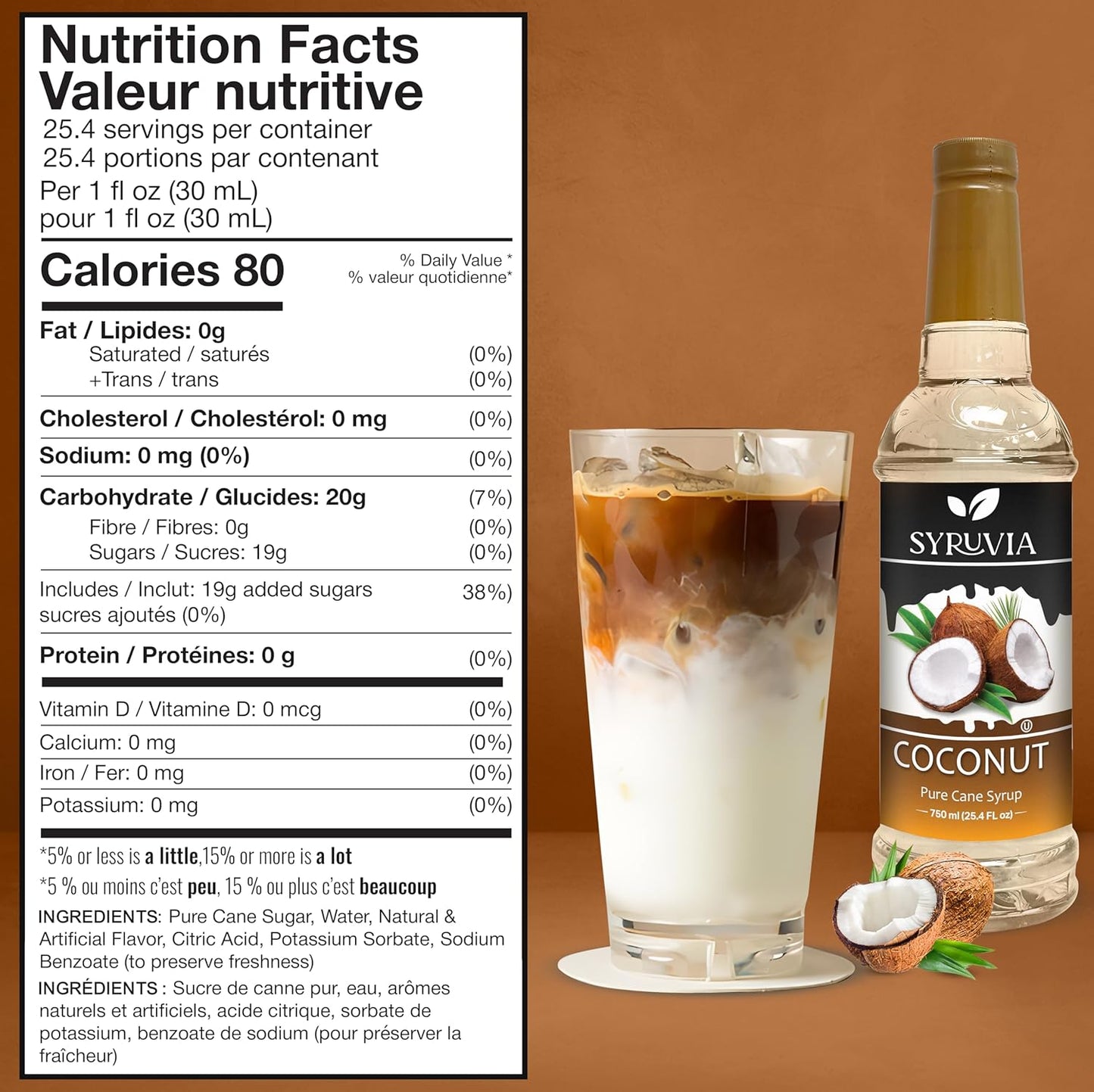 Syruvia Coconut Coffee Syrup - 25.4 fl oz. Premium Coffee Flavoring Syrup. Kosher, and Gluten-Free. Perfect for Enhancing Drinks, Sodas, Shakes, Desserts, and More.