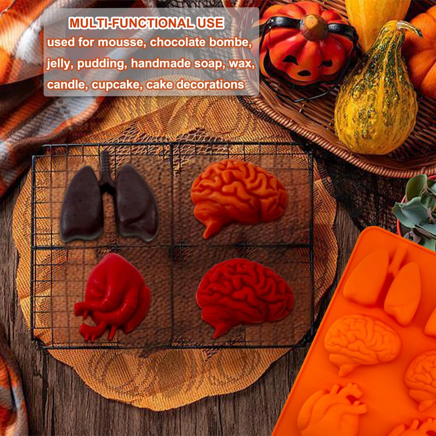 Brain and Heart Cake Mold, 2 Pack Halloween Silicone Molds Human Organ Jello Mold Heart lung Brain Shape Gelatin Chocolate Molds for Halloween Party Baking Mini Cakes Cupcake Muffin Soap Pudding