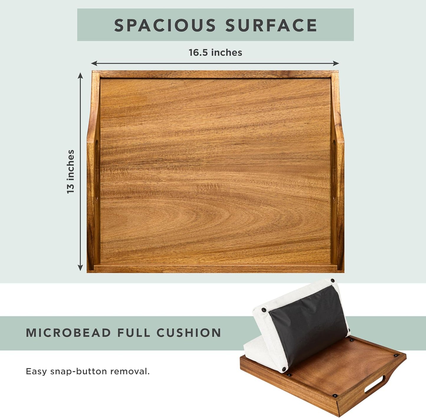 ROSSIE HOME Acacia Wood Bed Tray, Lap Desk with Detachable Cushion, Serving Tray - Natural - Fits up to 15.6 Inch Laptops - Style No. 76106