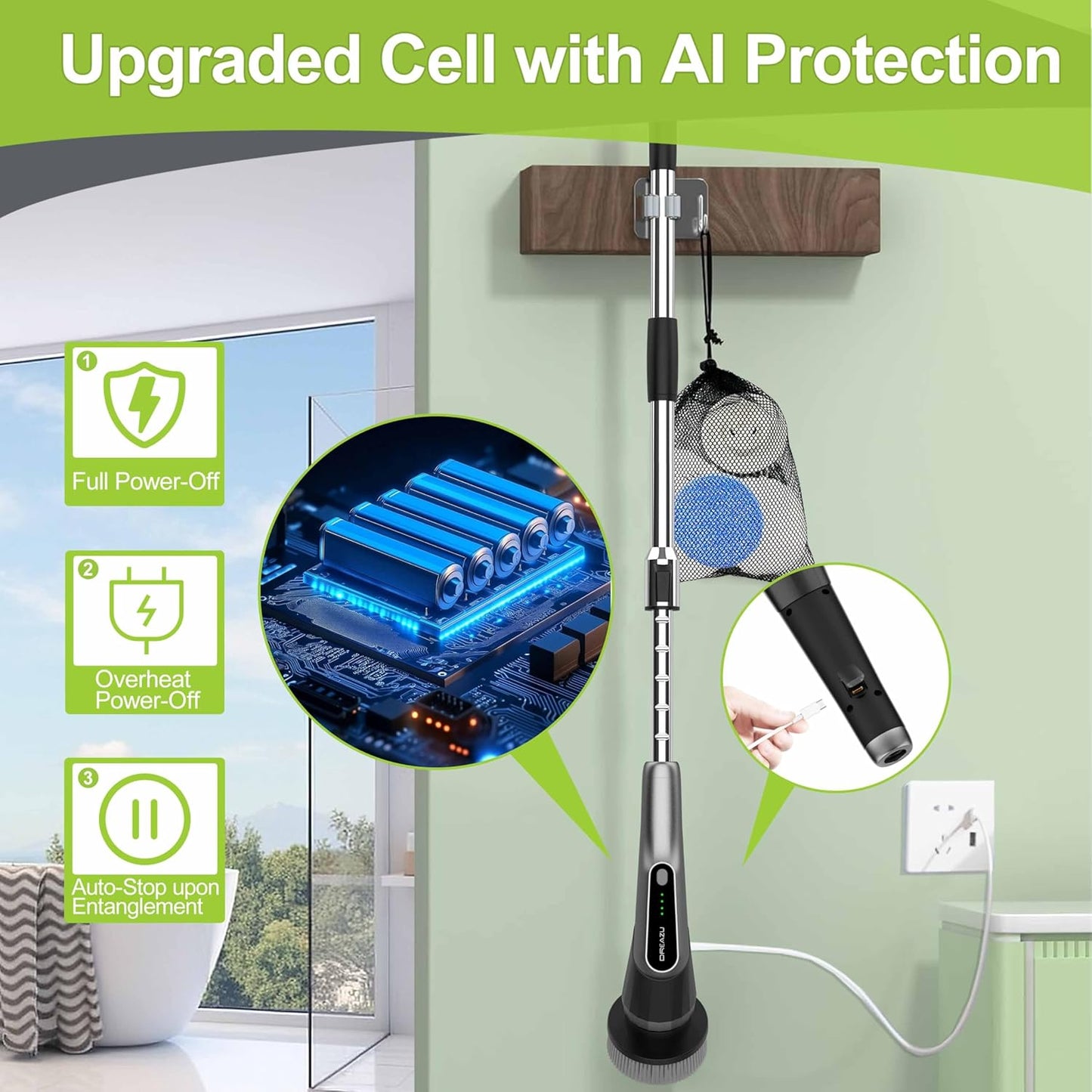 G2-Pro Electric Spin Scrubber - Upgraded 12-in-1 Scrubber Brush Electric, Retractable Handle & 2-Speed for Bathroom, Bathtub, Kitchen, Tile Floors（White/Gray Brush Head）