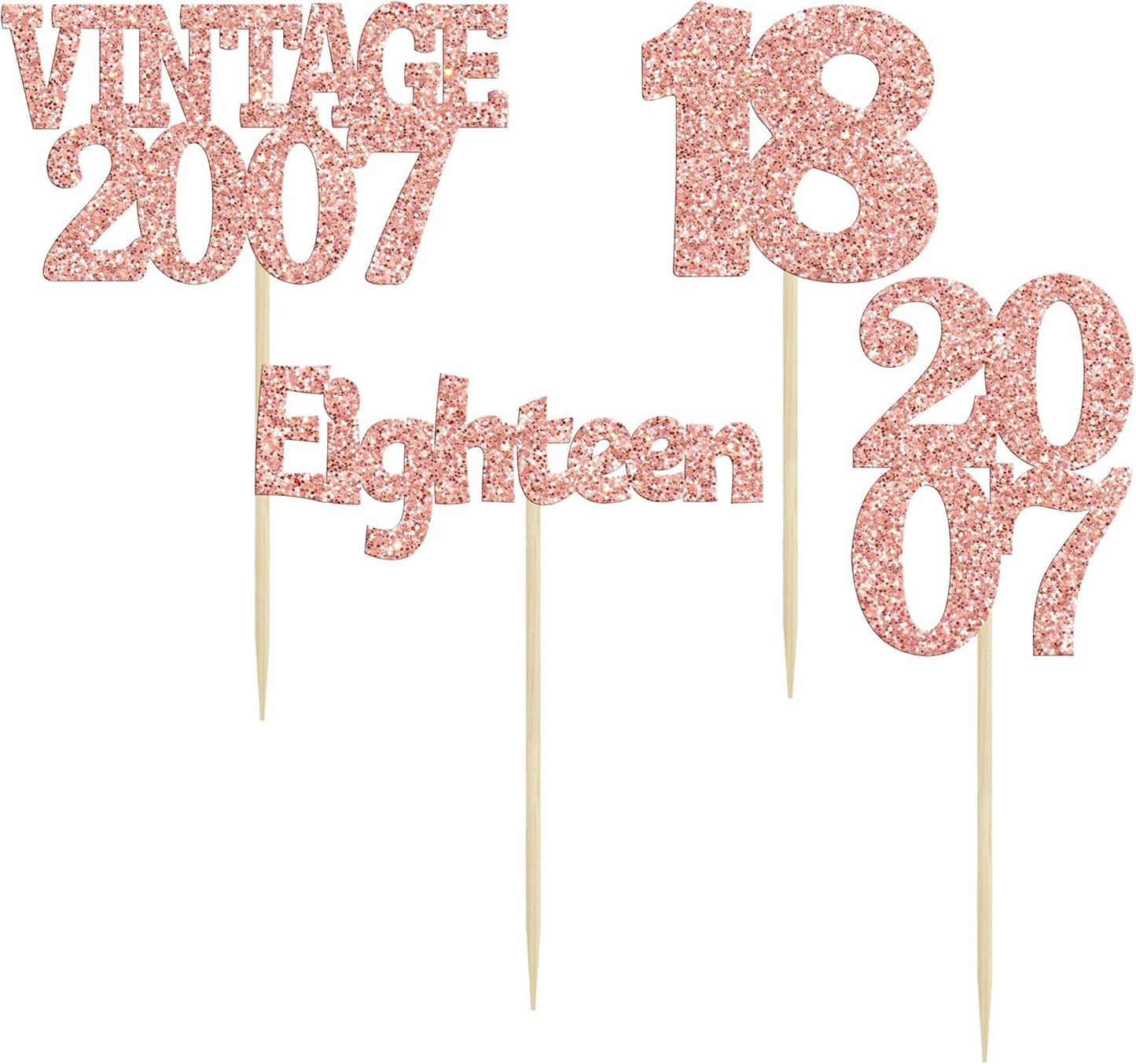 Gyufise 24Pcs 18th Birthday Cupcake Toppers Glitter Eighteen Vintage 2007 Hello 18 Years Birthday Cupcake Picks Adultish 18 Cake Decoration for Happy 18th Birthday Anniversary Party Supplies Rose Gold