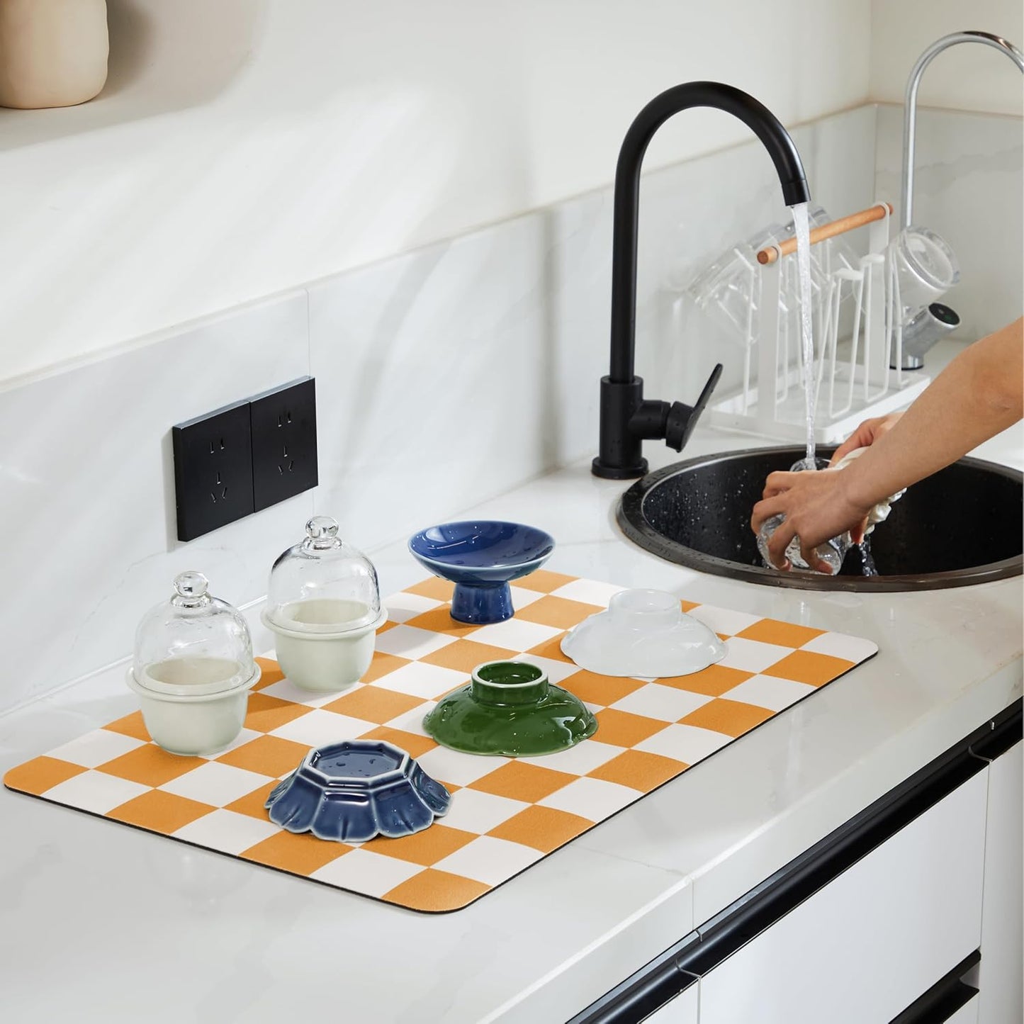 Checkered Dish Drying Mat for Kitchen Counter, Coffee Bar Station Accessories, Retro Cute Aesthetic Modern Absorbent Drainer Mat Kitchen Drying Mat Easy Clean, Orange 16" x 24"