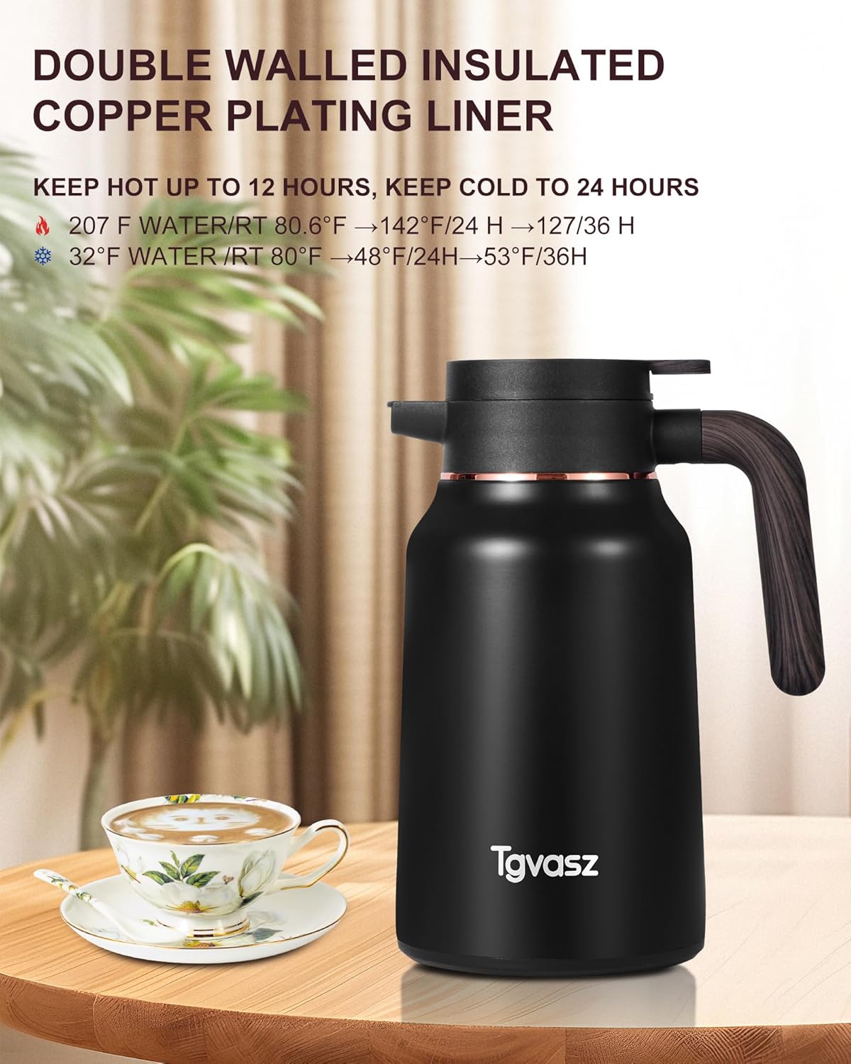 51 Oz Carafes for Hot Liquid, Stainless Steel Insulated Vacuum Thermal Coffee Carafes For Keeping Hot, 1.5 Liter Coffee Dispenser（Black)