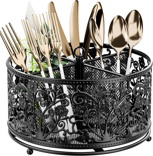 360° Rotating Utensil Caddy - Silverware Cutlery Caddy Holder with 4 Compartment, Metal Flatware Organizer Countertop with Handle for Party Camping Picnic, Kitchen Counter, Office (Black)