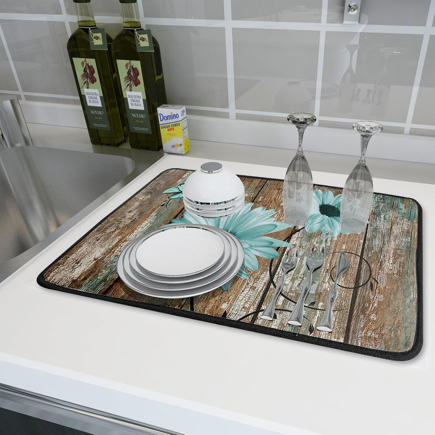 Rustic Daisy Dish Drying Mat for Kitchen Countertop 18x24 inch Teal Sunflowers on Wooden Board Dish Drainer Mats Fast Drying Country Vintage Style Shabby Chic Flower Dish Drying Pad Decor Large