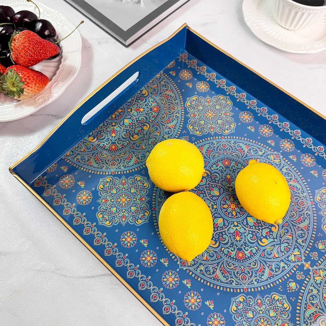 Boho Blue Decorative Tray, Serving Tray with Handles, Plastic Tray for Coffee Table, Ottoman - Ideal for Living Room & Bathroom. 15” x 11” x 2.5”